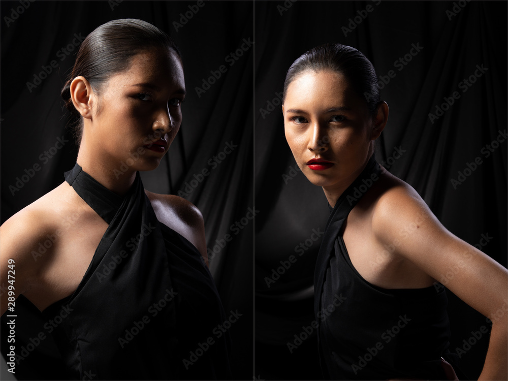 Collage pack group of Portrait Fashion Beautiful Asian Woman make up clean wrapped black hair attractive glam wet look. Studio Lighting dark Background, rear side view