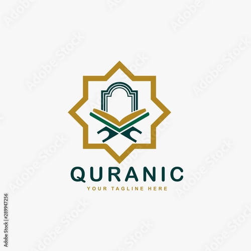 Quran logo design vector. Text of islam illustration symbol. Arabic ornament vector icon.