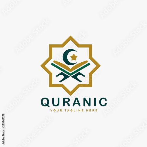 Quran logo design vector. Text of islam illustration symbol. Arabic ornament vector icon.