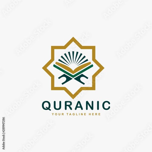 Quran logo design vector. Text of islam illustration symbol. Arabic ornament vector icon.