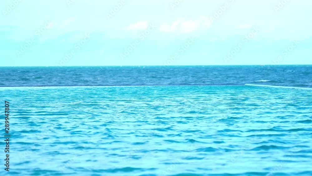 Static shot of an infinity pool with the ocean behind it and blue skies filled with white clouds Static shot of an infinity pool with the ocean behind it and blue skies filled with white clouds