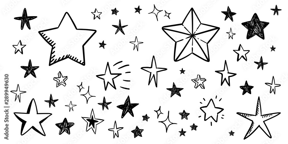 Star doodle collection. Set of hand drawn stars. Scribble illustrations. - obrazy, fototapety, plakaty 