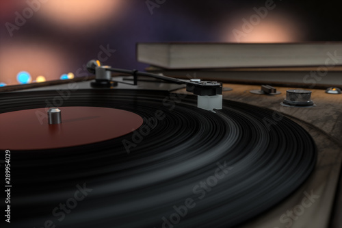 The old wooden vinyl record player on the table, 3d rendering.