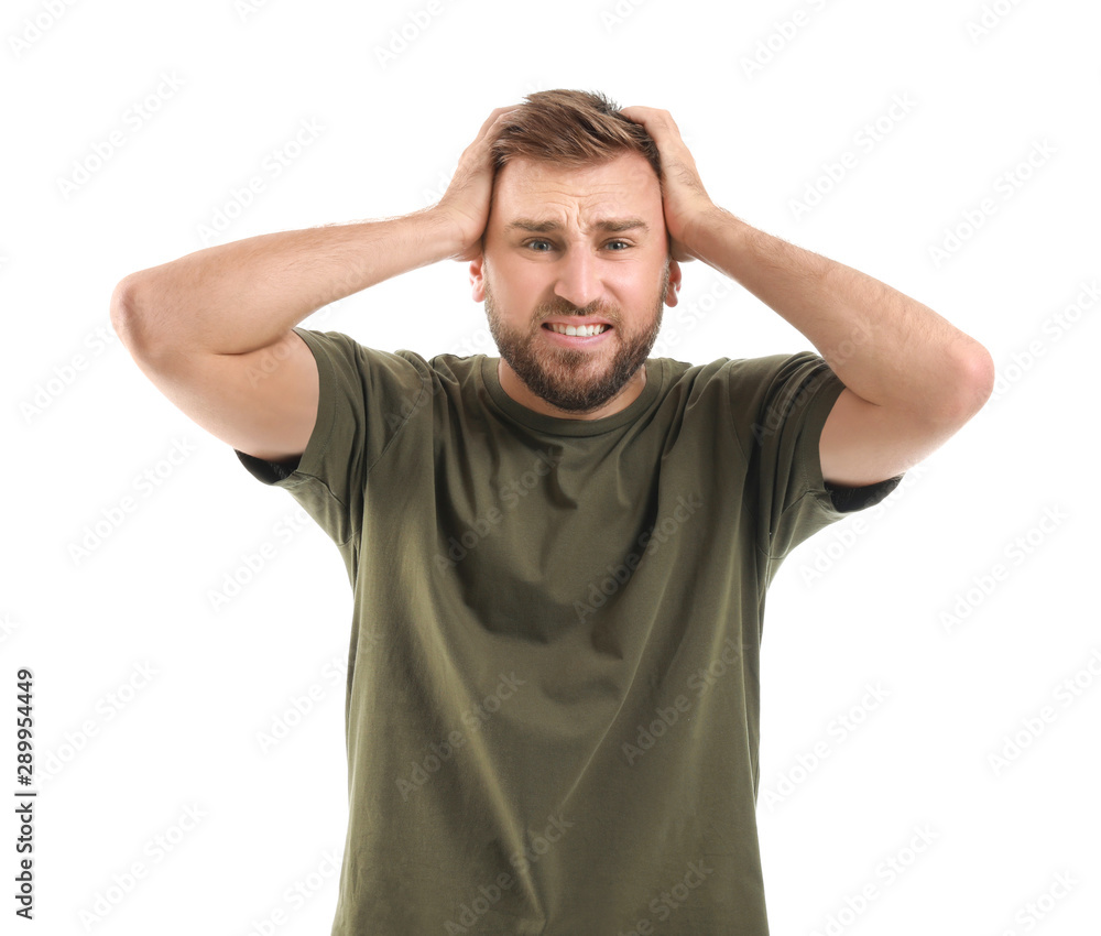 Stressed young man on white background Stressed young man on white background