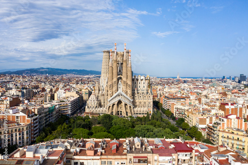 La Sagrada Familia Drone view of the uncomplete Cathedral in Barcelona Spain   photo