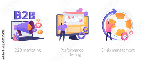 Advertising business icons set. Investment efficiency monitoring, problem solution. B2B marketing, performance marketing, crisis management metaphors. Vector isolated concept metaphor illustrations