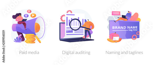 Company services icons set. Marketing platform, online documentation inspection, corporate identity development. Paid media, digital auditing metaphors. Vector isolated concept metaphor illustrations