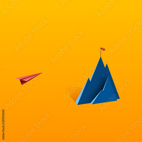 Red paper airplane flying to red flag on the top of mountain.Business leadership and success concept flat design.Vector illustration.