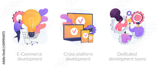 Marketing strategy, adaptive software, professional teamwork. E-Commerce development, cross-platform development, dedicated development teams metaphors. Vector isolated concept metaphor illustrations