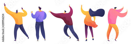 Men and women flat vector illustrations set. Male and female characters raising hands, running pack. Young student holding smartphone. Office workers. Girl pointing with finger isolated clipart