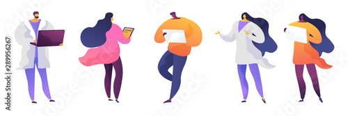 Men and women with tablets vector illustrations set. Male and female characters holding electronic devices pack. Young student, corporate worker with laptop. People surfing Internet isolated clipart