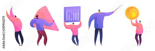 Businessmen flat vector illustrations set. Male office workers, colleagues cartoon characters. Men holding infographic elements. Business school teacher, coach with pointer. Investor with big coin