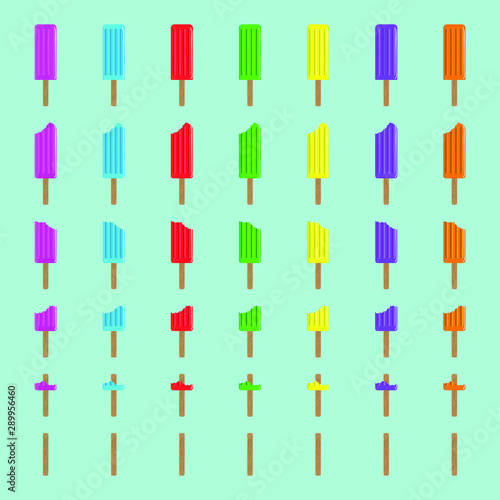 Vector illustration of colorful ice pops slowly transforming into only sticks on turquoise background