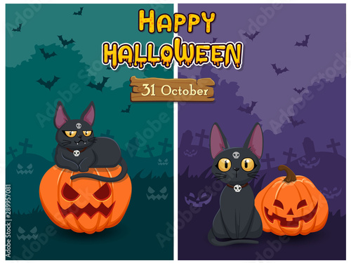 Halloween banners with pumpkin and cat. Concept cartoon Halloween background at night forest. Vector clipart illustration