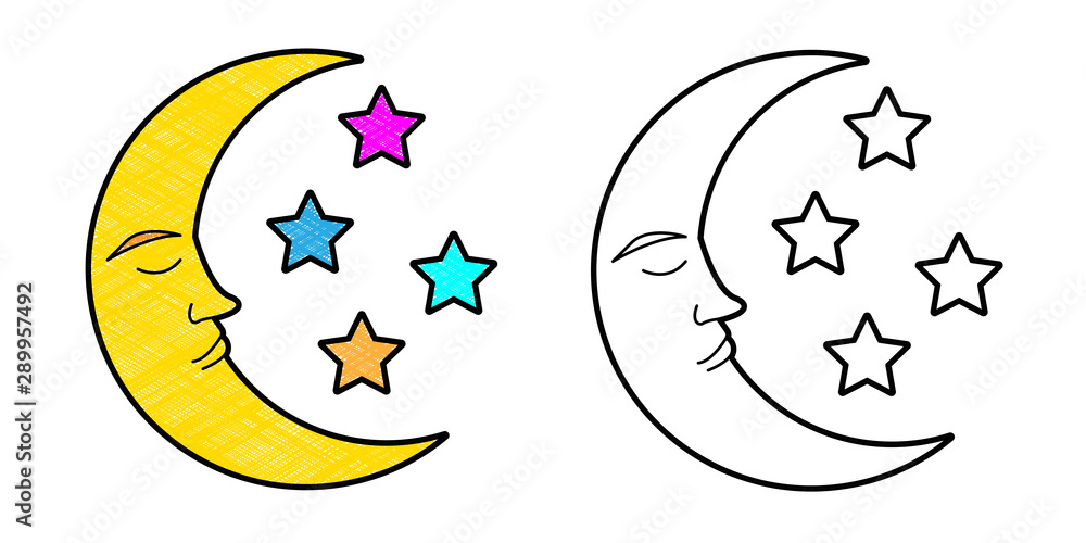 moon star character design vector with texture. black and white colors