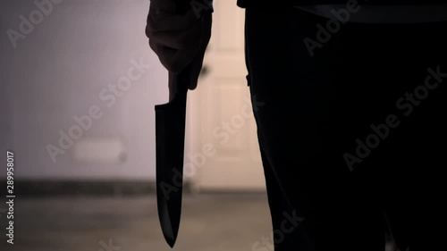 A scary slasher killer holding a terrifying kitchen knife weapon in silhouette before attacking his murder victim. photo