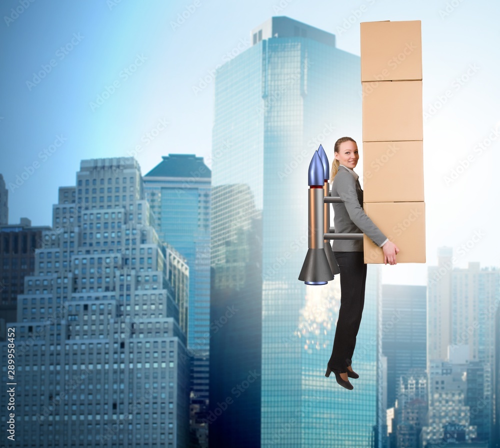 Woman in fast box delivery service on rocket Woman in fast box delivery service on rocket