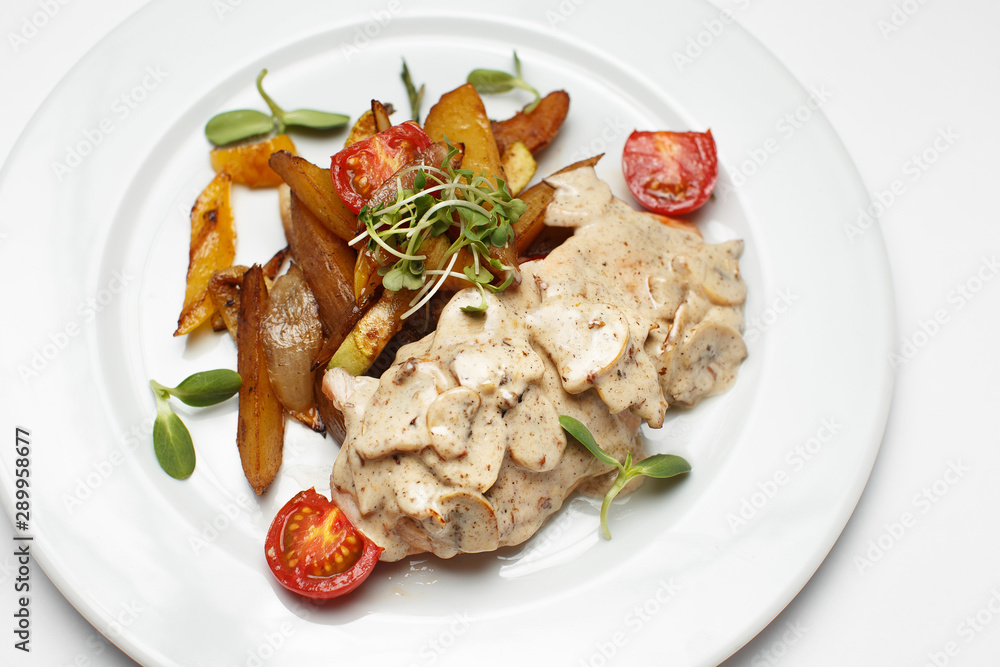 mushrooms in sauce with potatoes and a vegetables mushrooms in sauce with potatoes and a vegetables