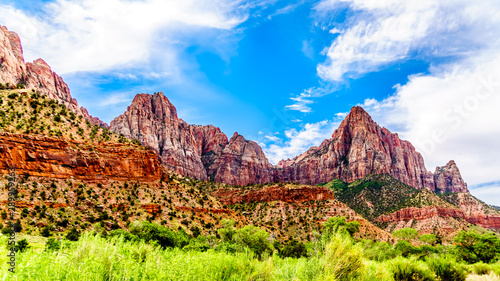 The Watchman mountain viewed from the Pa'rus Trail that meanders along and over the Virgin River in Zion National Park in Utah, USA