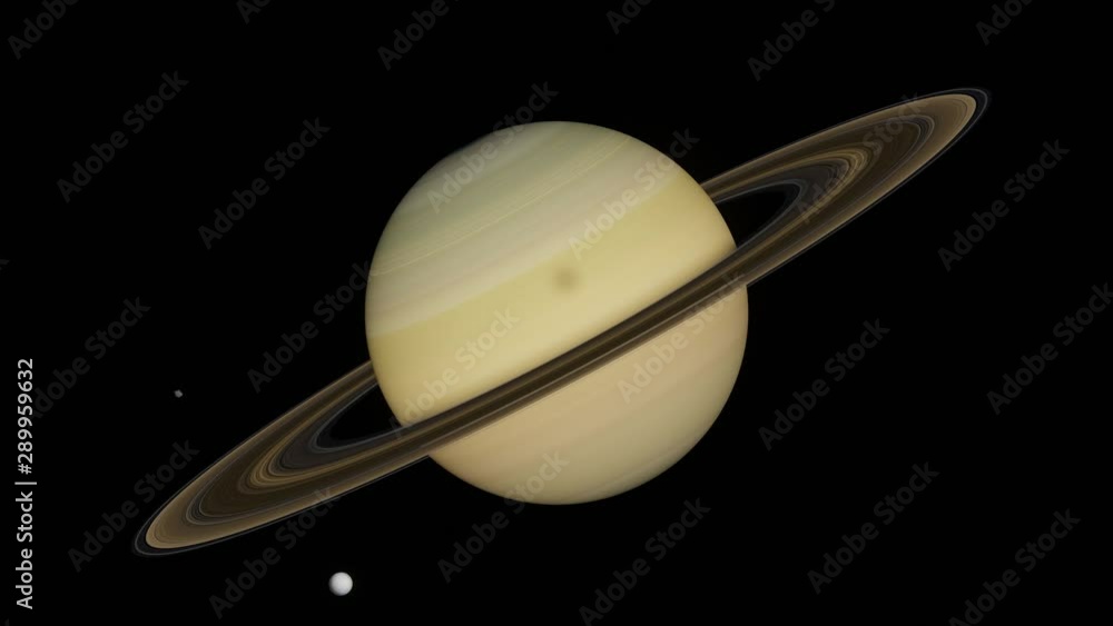 planet Saturn, rotating with moons Titan, Enceladus and others, part of the solar system