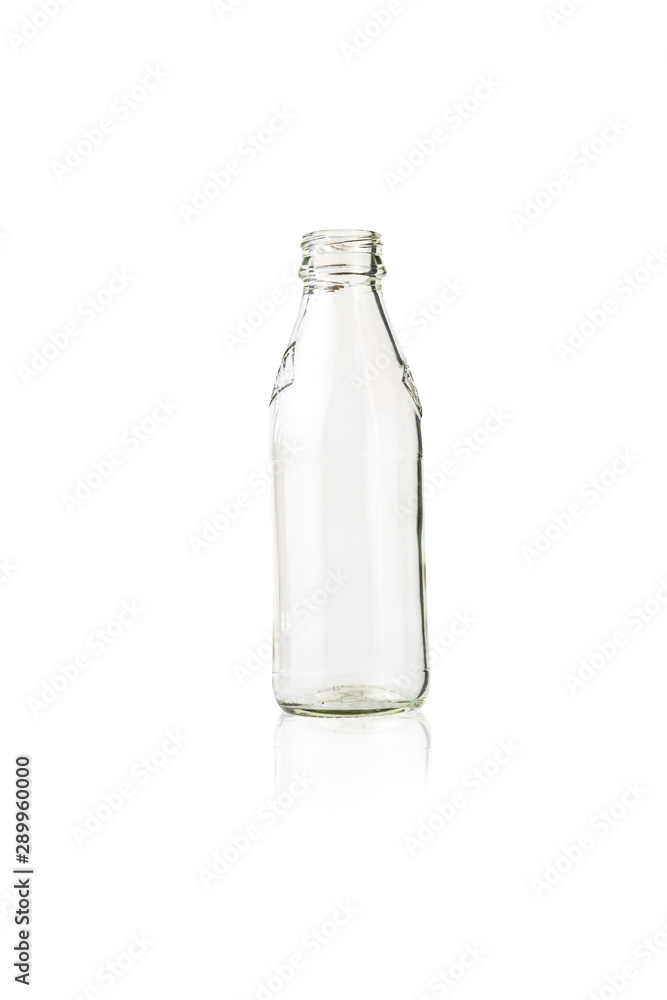 Empty glass bottle isolated on white background.