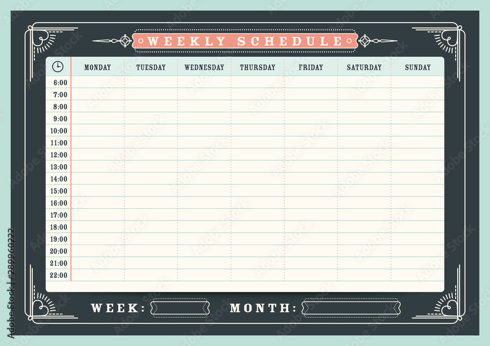 Weekly schedule planner template with vintage frame border, A4 size