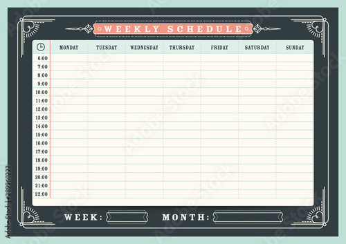 Weekly schedule planner template with vintage frame border, A4 size photo