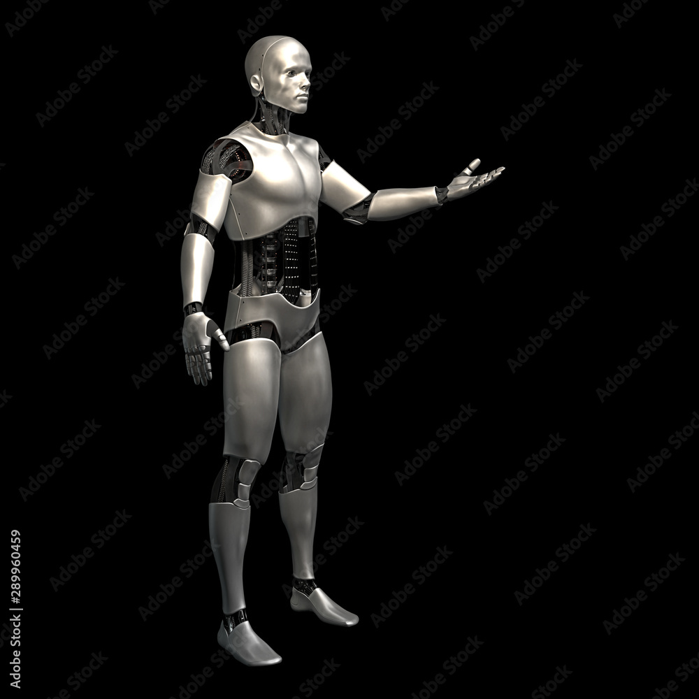 robot, android presenting an empty space, isolated on black background robot, android presenting an empty space, isolated on black background
