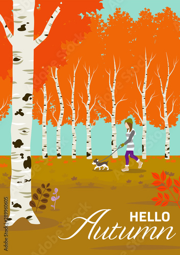 Woman strolling in autumn forest with a dog - included words "Hello Autumn"