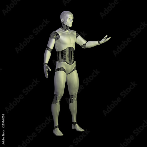 futuristic robot, male android presenting an empty space, isolated on black background (3d illustration)