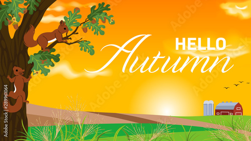 Farm in autumn sunset - included words "Hello Autumn"