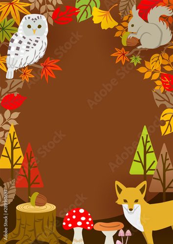 Autumn leaves frame, forest animals and plants - vertical