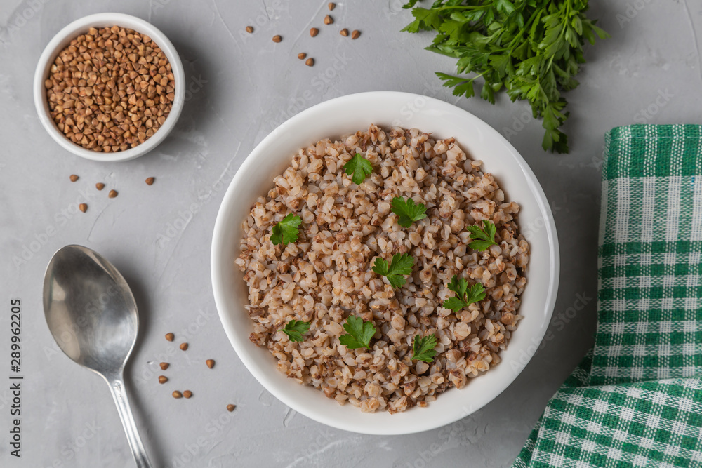 Buckwheat porridge. The concept of cooking buckwheat. The view from the top. Copy space Buckwheat porridge. The concept of cooking buckwheat. The view from the top. Copy space