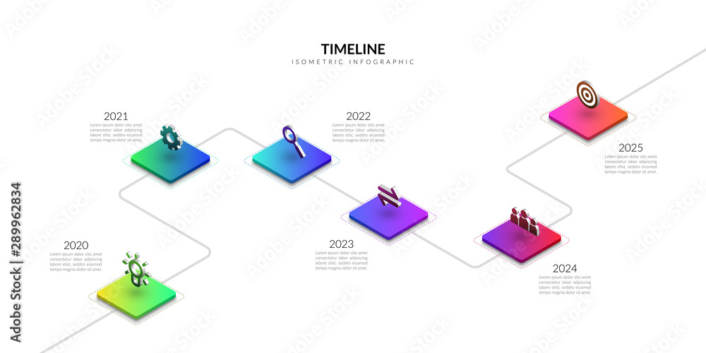 Isometric timeline business infographic, Colorful graphic elements - obrazy, fototapety, plakaty 