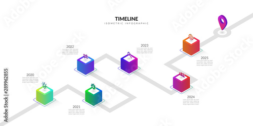 Isometric timeline business infographic, Colorful workflow elements