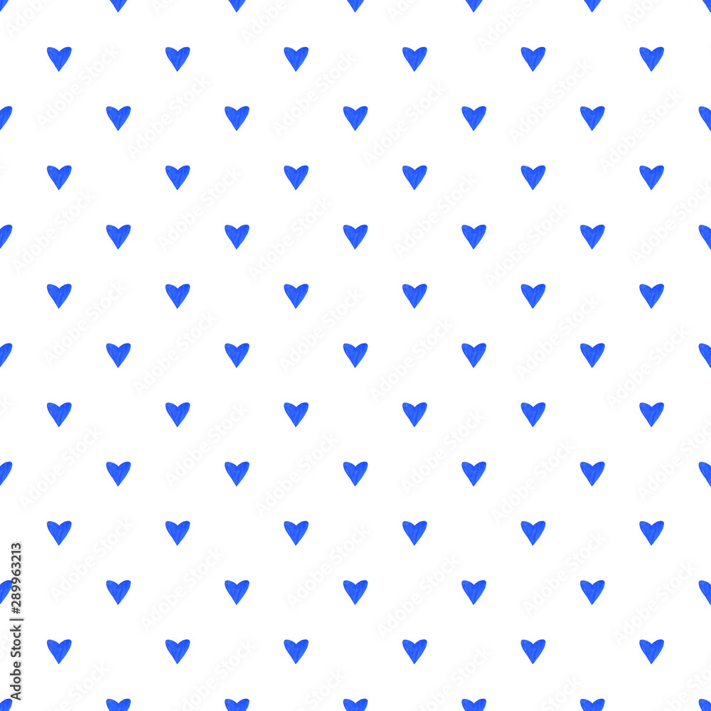 Seamless background with blue hearts. Watercolor pattern with small hearts on white background. Hand painted romantic texture for packaging, wedding, birthday, Valentine's Day, mother's Day