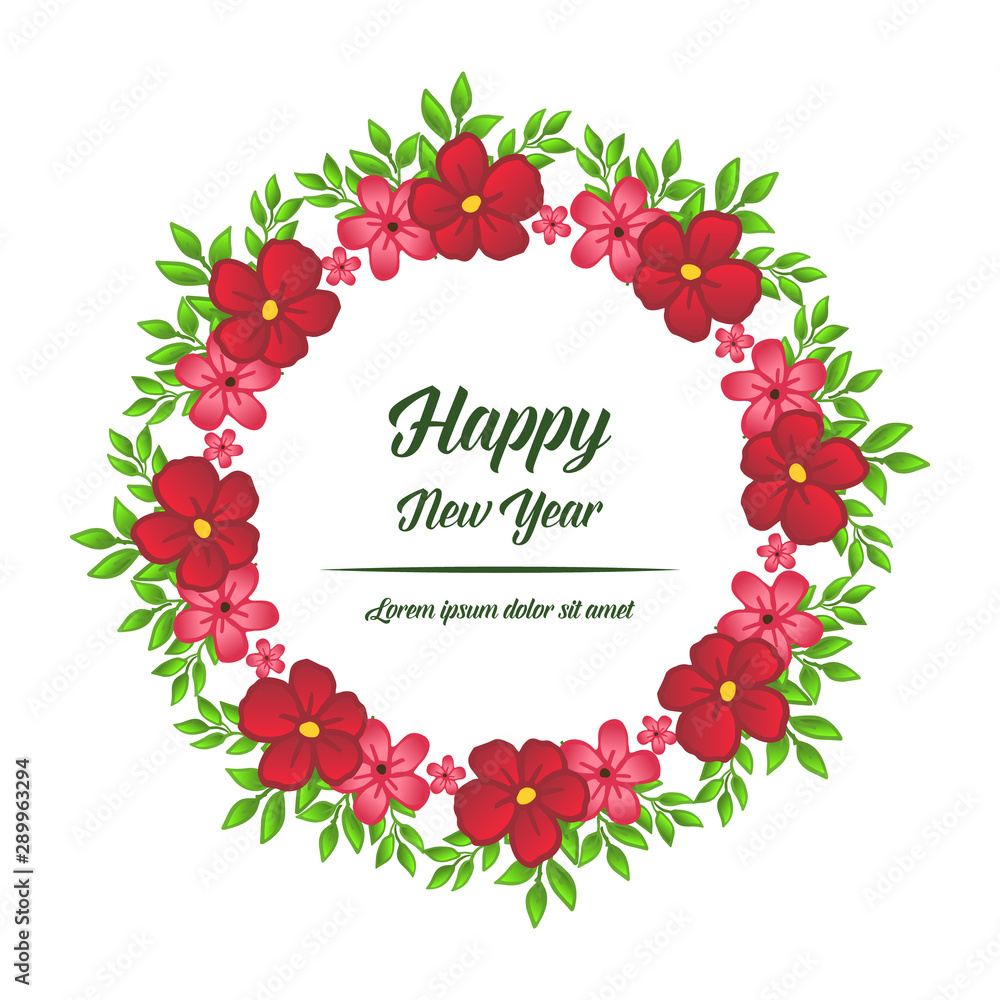 Happy new year greeting card template, with drawing of green leaf flower frame elegant. Vector