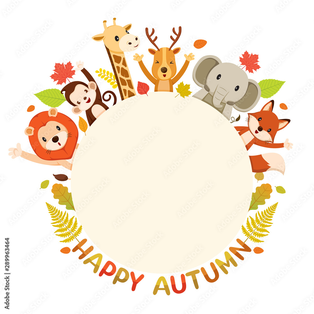 Happy Autumn Texts With Animals On Round Frame