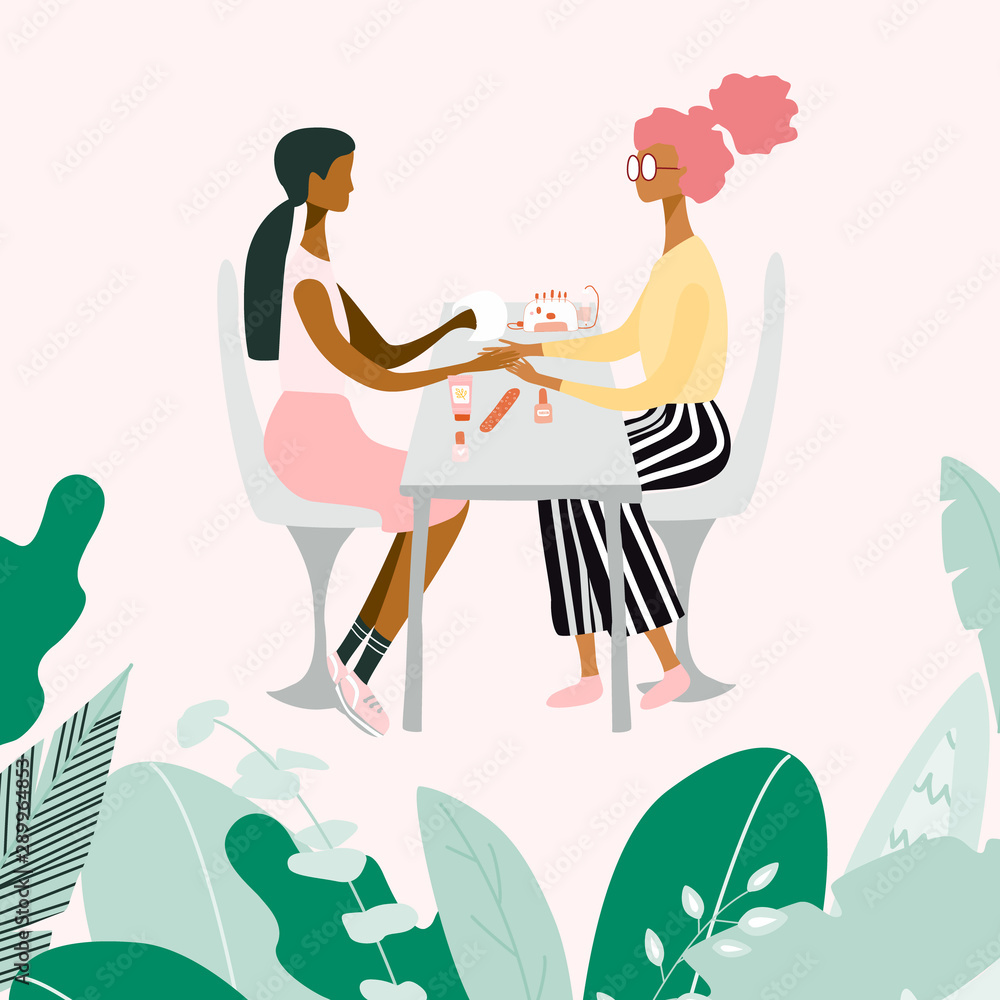 Manicurist or girl performing manicure and her client surrounded by tools and cosmetics for nail care. Big leaves and plants around them. Beauty salon. Colorful vector illustration in cartoon style.