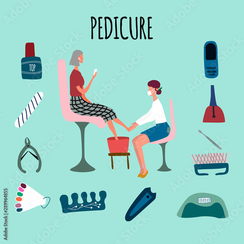 Woman or girl  performing pedicure and her client surrounded by tools and cosmetics for nail care. Manicure  pedicure equipment . Concept for beauty salon. Vector illustration in flat cartoon style.