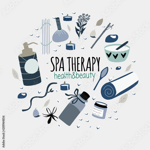 Doodle set of spa elements  with typography for aromatherapy, body care, wellness center, relax, health, thai massage, meditation. Hand drawn collection of beauty. Vector illustration.
