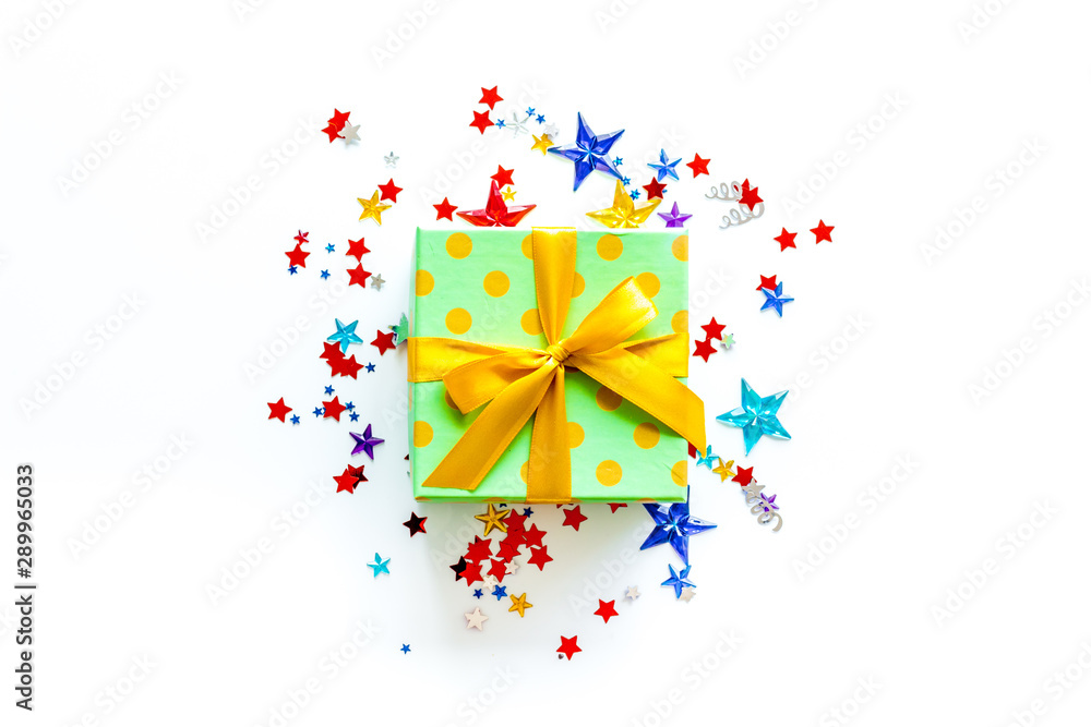 presents in boxes with confetti on white background top view