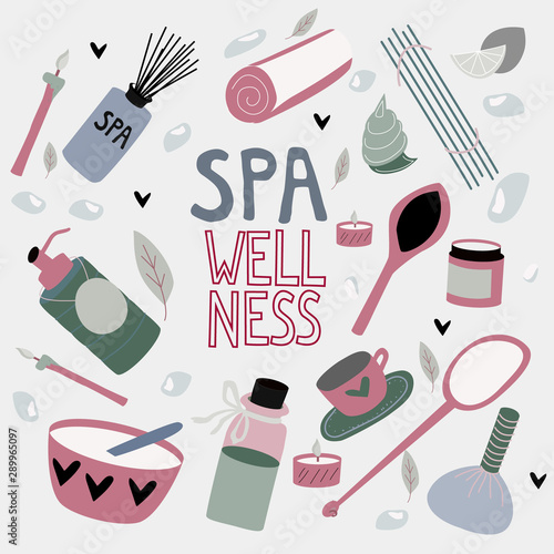 Doodle set of spa elements  with typography for aromatherapy, stone therapy, body care, wellness center, relax, health, thai massage, meditation. Hand drawn collection of beauty. Vector illustration.