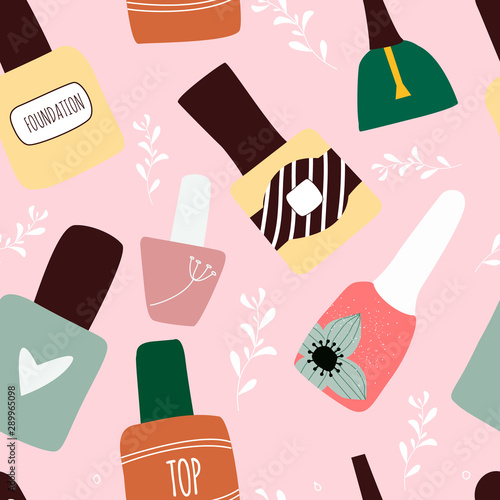 Seamless pattern of multicolored nail polish in a cartoon style. bottles filled with transparent varnish. Manicure salon or nail studio or bar  illustration, poster, banner. Vector illustration.