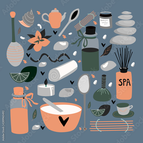 Doodle set of isolated  elements for spa, aromatherapy, stone therapy, body care, beauty salon, wellness center, relax, health, thai massage. Hand drawn collection of beauty. Vector illustration.