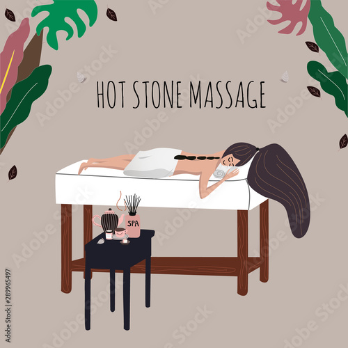 Hot stone massage at the spa salon. Young girl is lying at the massage table.  Beauty salon, wellness center poster, banner. Hand drawn concept of beauty. Vector illustration.