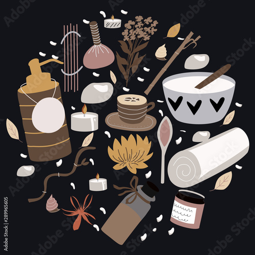 Set of isolated elements for spa aroma and stone therapy , body care, beauty salon, wellness center, relax, health, thai massage, meditation. Hand drawn doodle collection . Vector illustration.