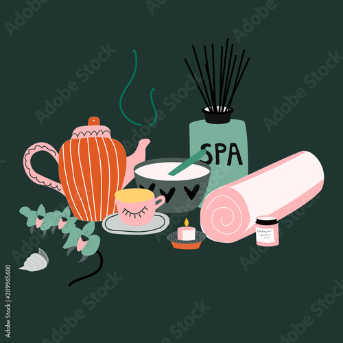 Composition of elements for spa relaxing. Template for tea, aromatherapy,  body care, beauty salon, wellness center, relax, health, thai massage, meditation . Vector illustration.