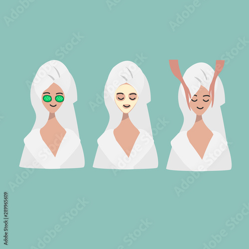 Three woman faces in spa procedures: face massage, facial mask. Beauty salon, wellness center poster, banner. Hand drawn concept of beauty. Vector illustration