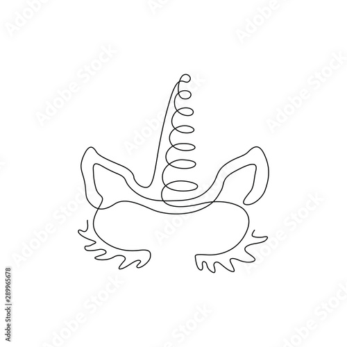 Cute unicorn face continuous line drawing, continuous line drawing, tattoo, shirt, print for clothes and logo design, silhouette one single line on a white background, isolated vector illustration. 